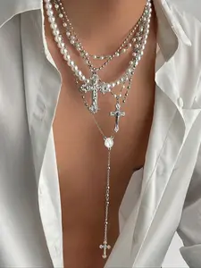 Men's Punk Style Zinc Alloy Cross Pendant Y-Shaped Necklace Set, Artificial Pearl Beaded Multi-Layer Chain Jewelry for All Seasons