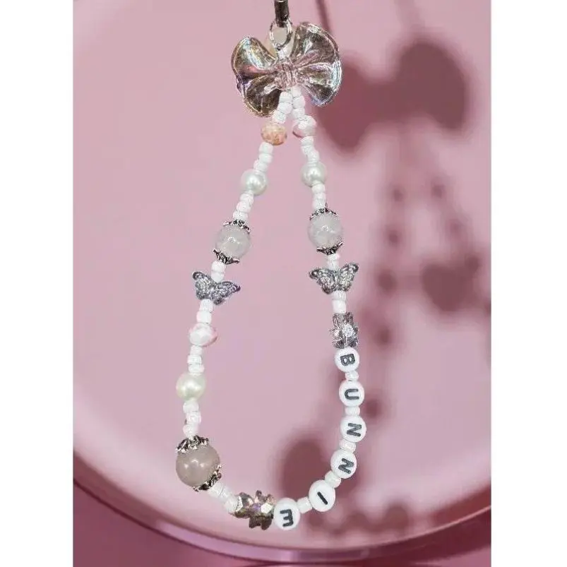 Personalized Custom Name Phone Charm with Pink Seed Beads Shiny Glass Pearls Soft Pink Quartz Silver Accents & Delicate Butterfly Design iphone