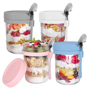 4 Pack Overnight Oats Containers with Lids and Spoons, 16 OZ Glass Mason Jars for Milk, Cereal, Fruit Airtight Kitchen