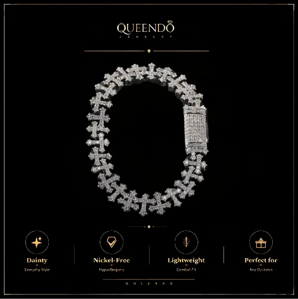 QUEENDO Unisex Iced Cross Link Bracelet - Full Paved Shiny Stone Cross-Shape Link Chain, Box Clasp, Adjustable Size, Daily Wear Costume Jewelry Gift for Hip Hop Outfits