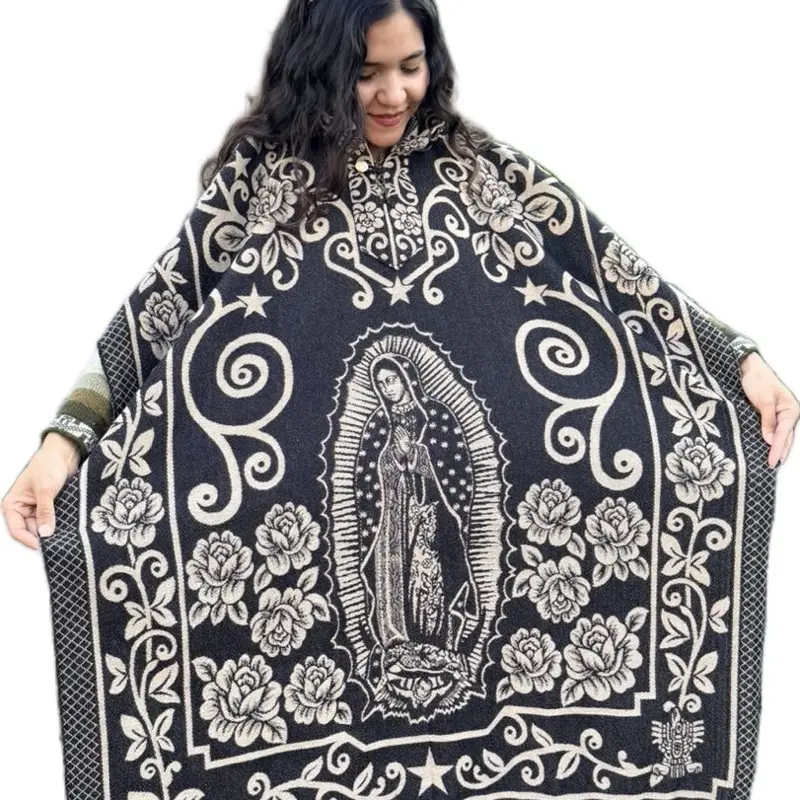 Gabanes sin gorro ponchos with Virgen de Guadalupe design and floral patterns for women