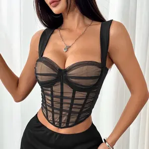 M12-60 Black Sheer Lace Corset Top – Strapless Bra Cup Bustier Crop Top