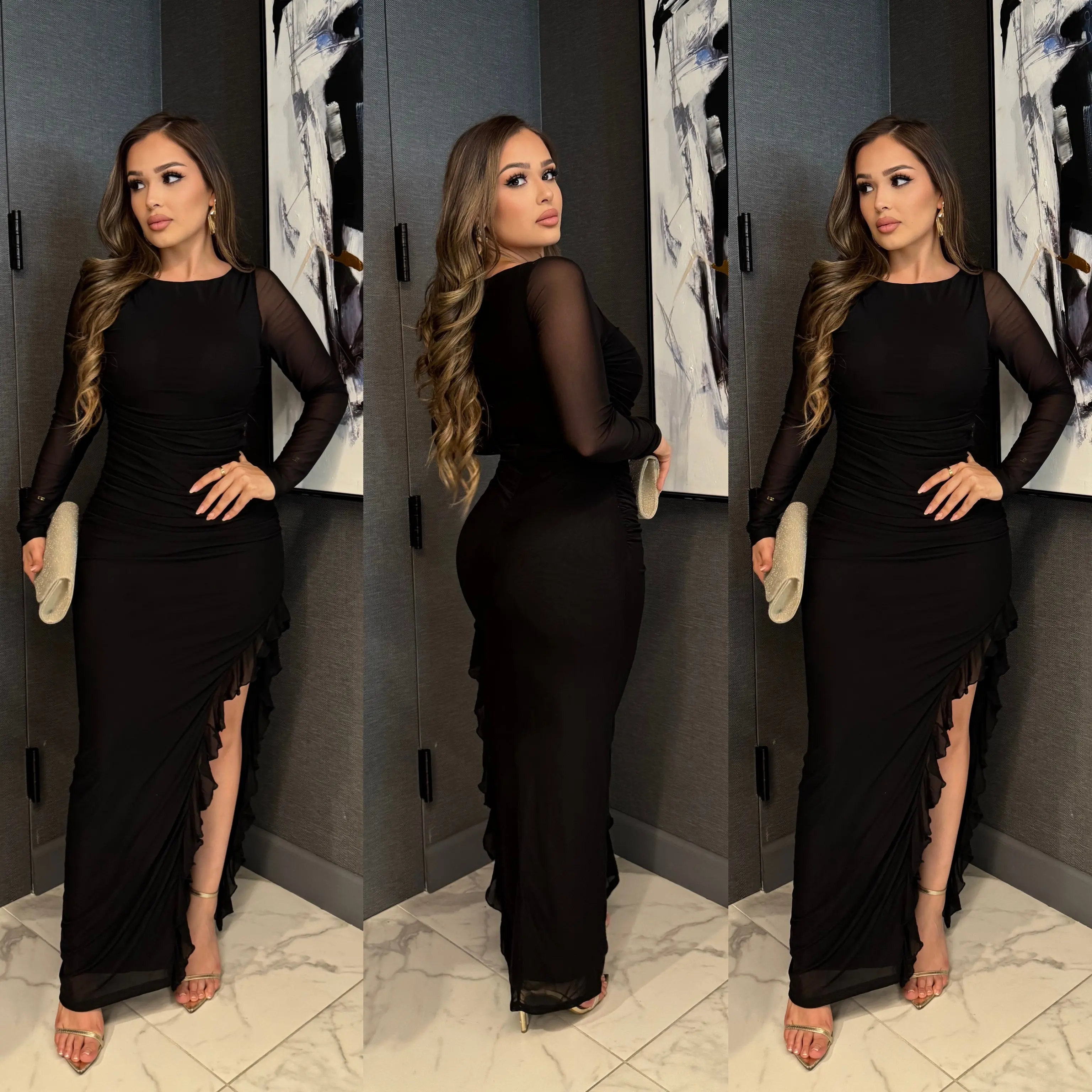 Women's Orian Mesh Long-Sleeve Formal-Casual Dress - Polyester-Nylon Fabric, Soft Elegant Clothes