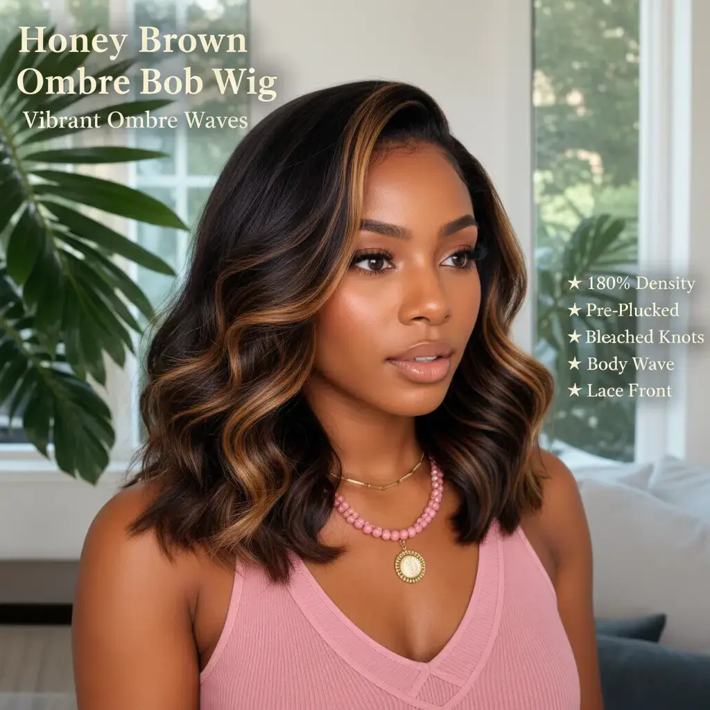 AFRIBYE Honey Brown Ombre Bob Wig Human Hair 14 Inch Body Wave 13x6 Lace Front Wig for Black Women 180% Density Pre-Plucked with Bleached Knots Wig Install Wigs Human Hair Human Hair Wigs