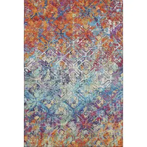 HomeRoots 664406 5x8 ft. Copper, Blue & Red Diamond Machine-Washable Machine-Made Rectangle Area Rug with UV Protection, Machine-Washable Area Rugs