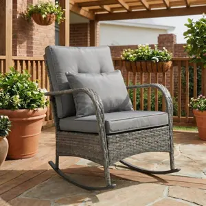 1PC/3PCS Outdoor Rattan Rocking Chair, All-Weather High Back Patio Rocker with Loose Cushions for Backyard Porch Balcony Garden, Indoor/Outdoor Conversation Seating, Easy Assembly