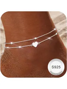 925 Sterling Silver Anklet Bracelet for Women Dainty Layered Waterproof Adjustable Silver Anklet Beaded CZ Heart Anklet Foot Jewelry Ankle Bracelets