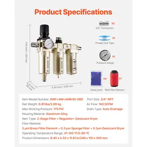 VEVOR Air Compressor Filter Regulator, 3/4 NPT 3-Stage 5m 0.3m 0.1m Air Drying System with Micron Filters and Desiccant Dryer, Auto Drain Air Compressor Water Separator 175PSI Max Pressure