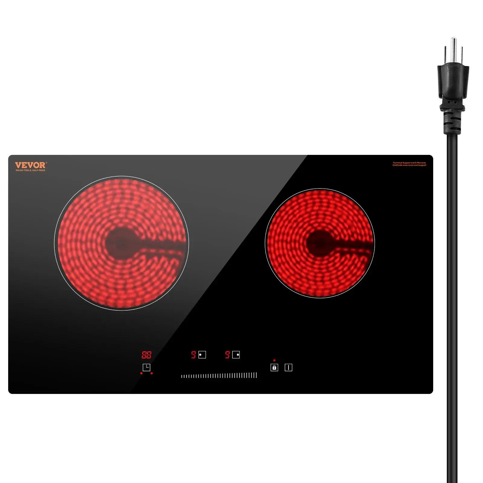 【Summerfinds】VEVOR 24" Built-in Electric Cooktop, 2-Burner 1800W Ceramic Glass Top Stove, Touch Control, Timer, Child Lock, 9 Heat Levels, Residual Heat Indicator, Compatible with Cast Iron Skillets, Stainless Steel, 120V