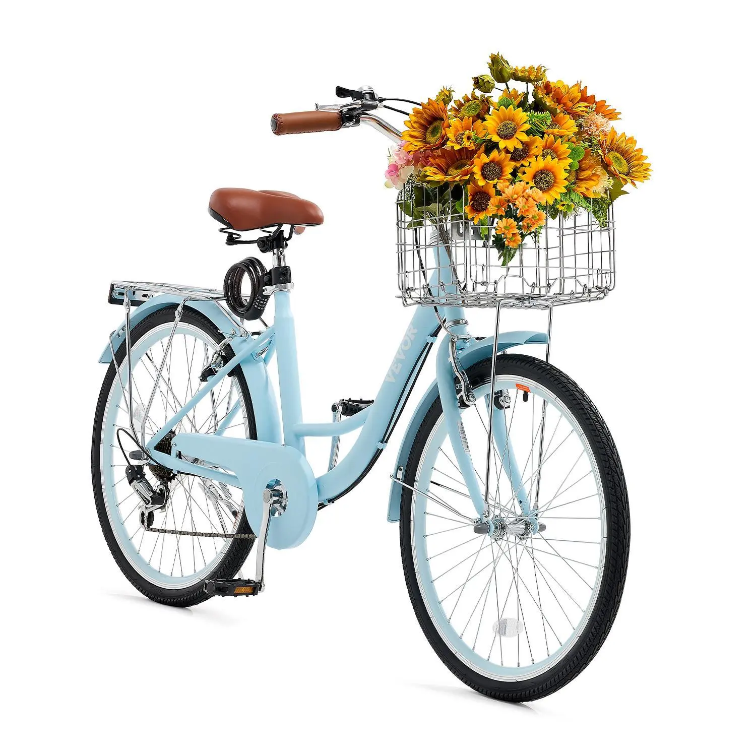 VEVOR Adult Beach Cruiser Bike - 24-Inch, 7-Speed, Light Blue, Ergonomic Adjustable Seat, Multi-Size Option, Basket, Fenders, Reflective City Bikes Casual Cycling Accessories#BackToSchool