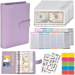 [New Deal] Budget Binder Cash Envelopes A6 Money Saving Binder with Zipper envelopes (Purple) Gift For Family Budgeting, Budget Planner, English Letter Sticker Labels