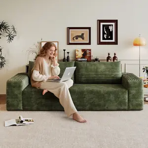 71.3" Cloud Loveseat Sofa, Boneless Deep Seat 3 Seater Sofa, No Assembly Foam Floor Couch, Plush Corduroy Fabric, Modern Living Room Sofa for Small Space Apartment, Bedroom, Office (Green, 71.3")
