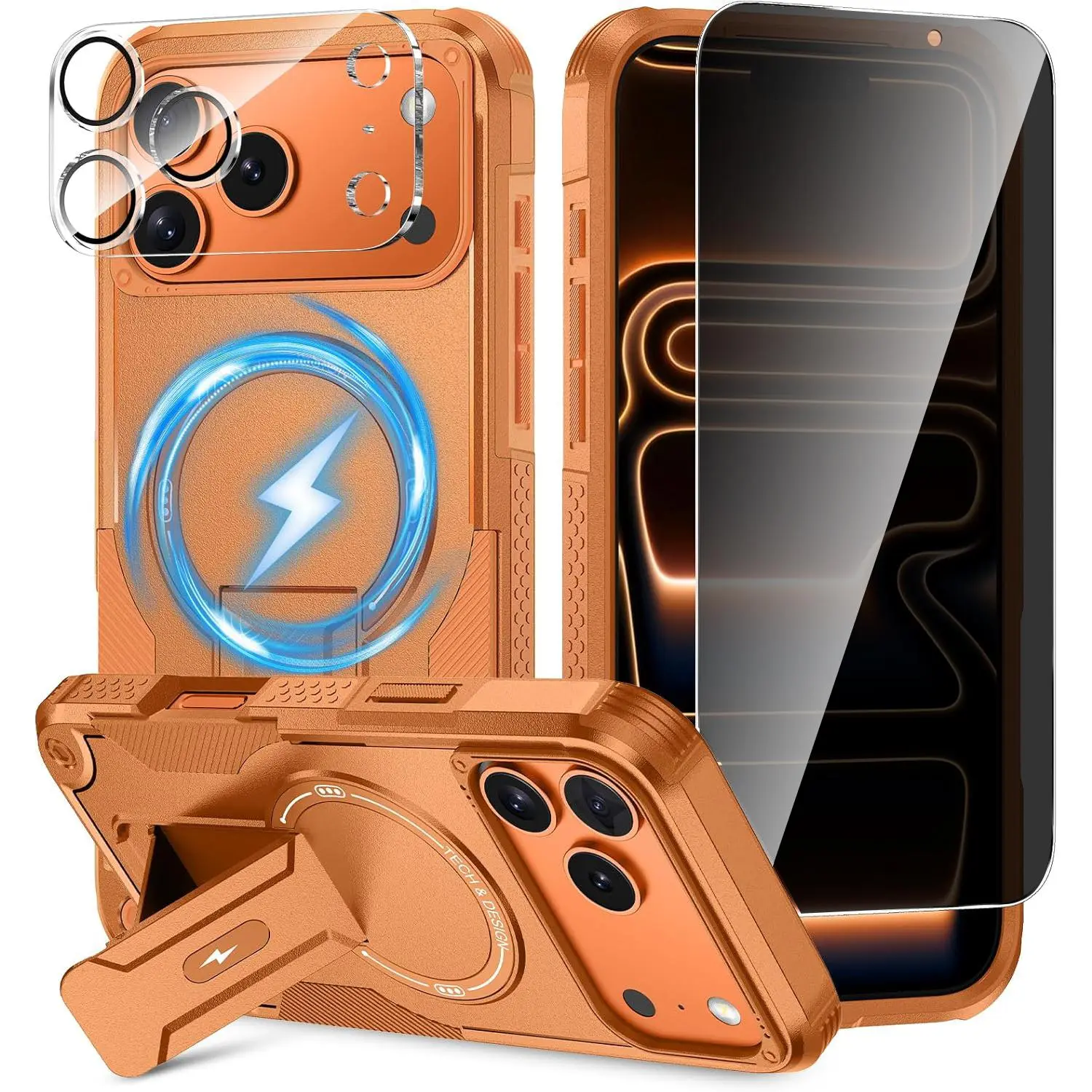 3 in 1 for iPhone 17 Pro Case [Compatible with MagSafe] [Invisible Kickstand] [Privacy Tempered Glass Screen Protector] [Camera Lens Protector], Protective Magnetic Phone Cover for iPhone 17 Pro(Orange)