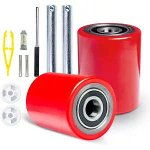 Pallet Jack/ Load Wheels Full Set with Axles and Entry Exit Roller 3" x 3.75" with Bearings ID 20mm Poly Tread Red