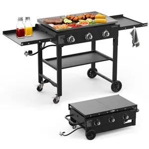 Bestfire 45000 BTU  3 Burner Flat Top Grill with Foldable Shelves,  35" Outdoor Propane Griddle with Porcelain-Enameled Cast Iron Grate for Camping & Outdoor Cooking Stainless Steel Bbq Portable Bbqs side shelf Heat Resistant Bbq Barbecue