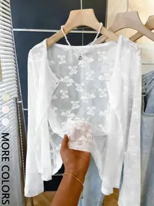 1pc  Floral Lace Sheer Cropped Cardigan , Breathable Mesh Material & 3D Floral Embroidery & Open-Front Detail , Perfect for Stylish Ladies in Brunch Dates/Beach Days/Photo Shoots/Weekend Hangouts