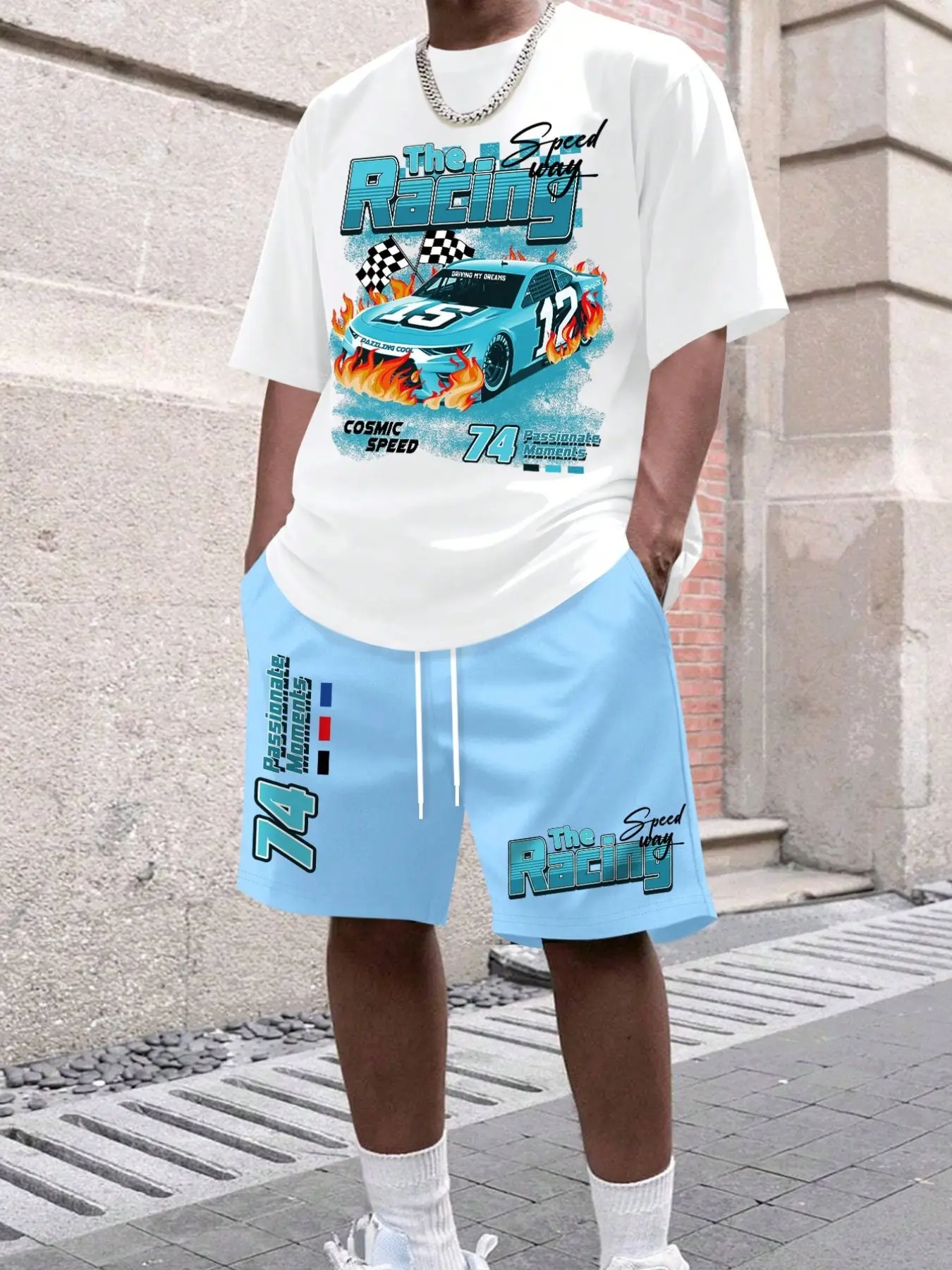 Men's Same Style The Speed Racing Cosmic Passion Motorsport Graphic Set, Racing Driver Shirt & Shorts Set, Round neck, NASCAR Inspired Casual Streetwear, Summer Fashion, Shorts sets outfits, Motorsport Apparel, Street Sty