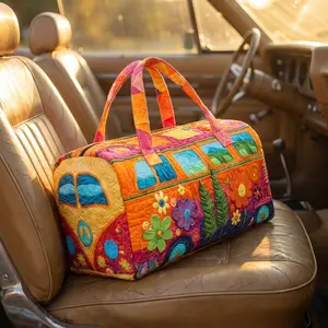 Boho Quilted Weekender Duffele Bag for Women - Vibrant Hippie-Inspired Hippie Stuff Large Tote, Lightweight Travel Bag with Soft Fabric, Adjustable Shoulder Strap, Wrist Strap, Ideal for Short Trips, Overnight Stays