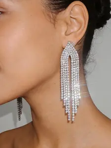Silver Rhinestone Arrow Tassel Sparkling Earrings, Luxury Party & Event Jewelry
