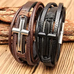 1Pcs Vintage Cross Leather Bracelet for Men Women Stainless Steel Christ Jesus Multi-layer Handmade Christian Bracelet, 8.46inch Stylish Father'S Day Gift, Unique Gift Idea for Dad