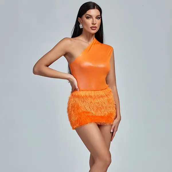 Women's 2-Piece Slant Shoulder Tops & Feather Yarn Skirt Set, Spandex-Polyester Fabric Clothes