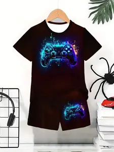 Boys' Neon Gaming Controller Short Sleeve Set, Summer Breathable Sports Two-Piece, Outdoor Wear, Birthday Gift, Holiday Present, Casual Set