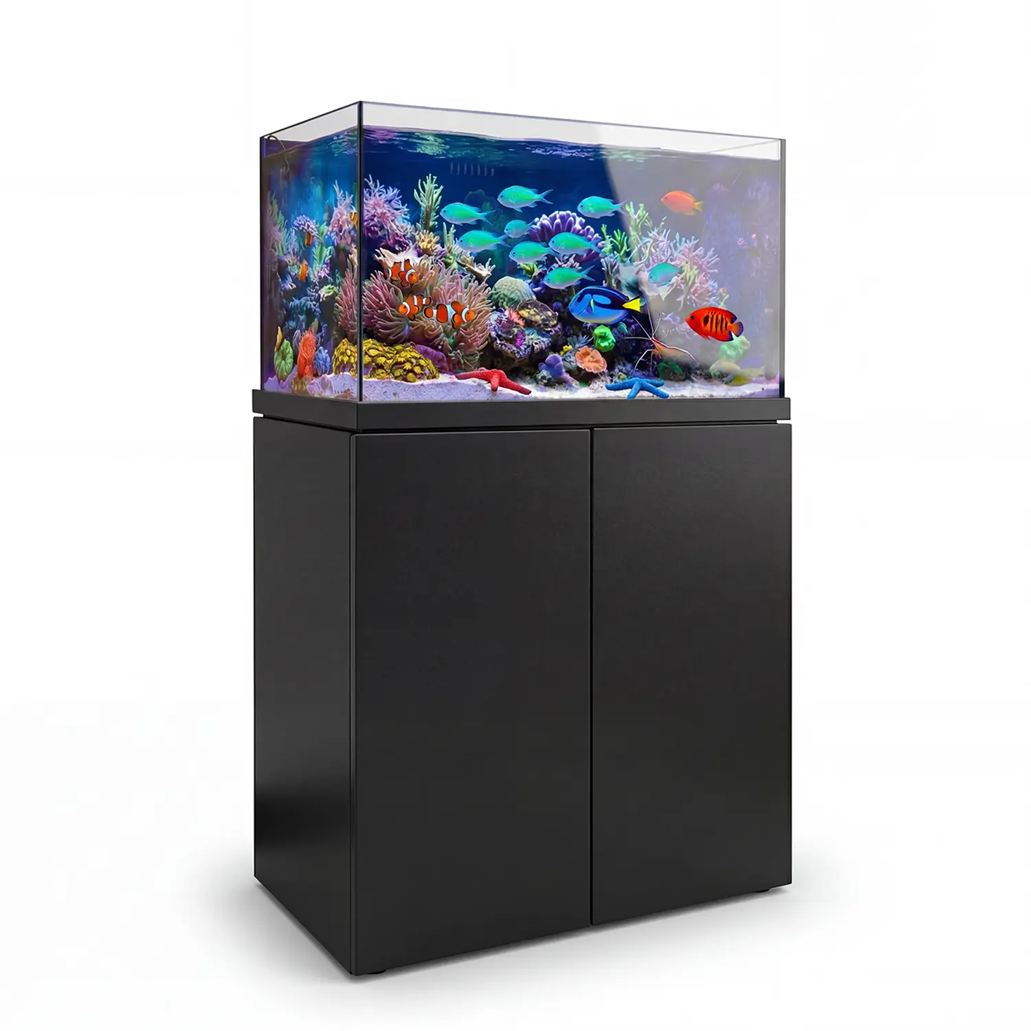 90 Gallon All-in-One Reef Aquarium Complete Set | Tempered Glass Tank with Built-In Sump, LED Coral Light, Protein Skimmer & Aluminum Cabinet Stand — Black