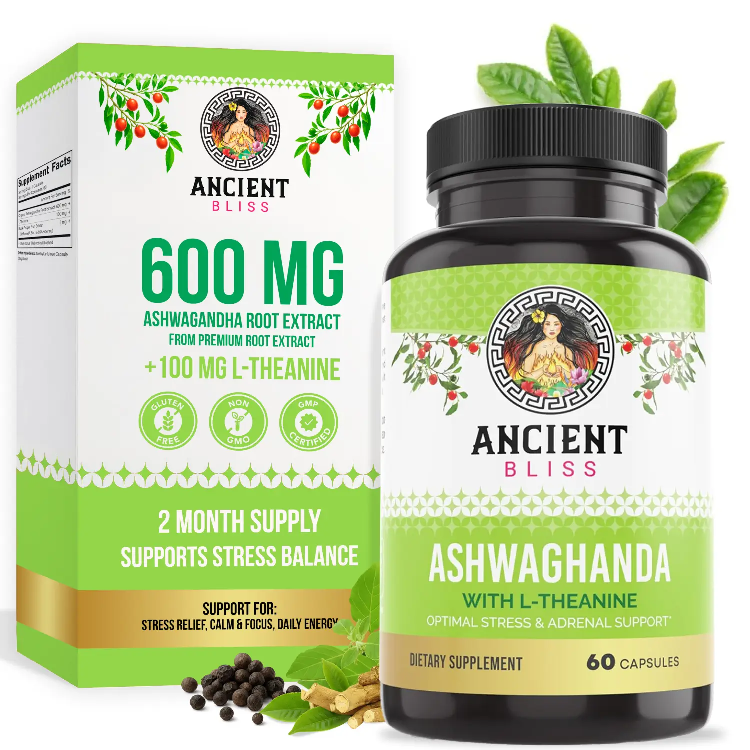 Ancient Bliss Natural Botanical Ashwagandha Capsules with L-Theanine & Black Pepper Extract - Herbal Energy, Plant-Based Adult Dietary Supplement, Vegan, Gluten-Free, GMO-Free, No Artificial Flavors, Stress Relief, 60-Count Multi-Pack, L Theanine Suppleme