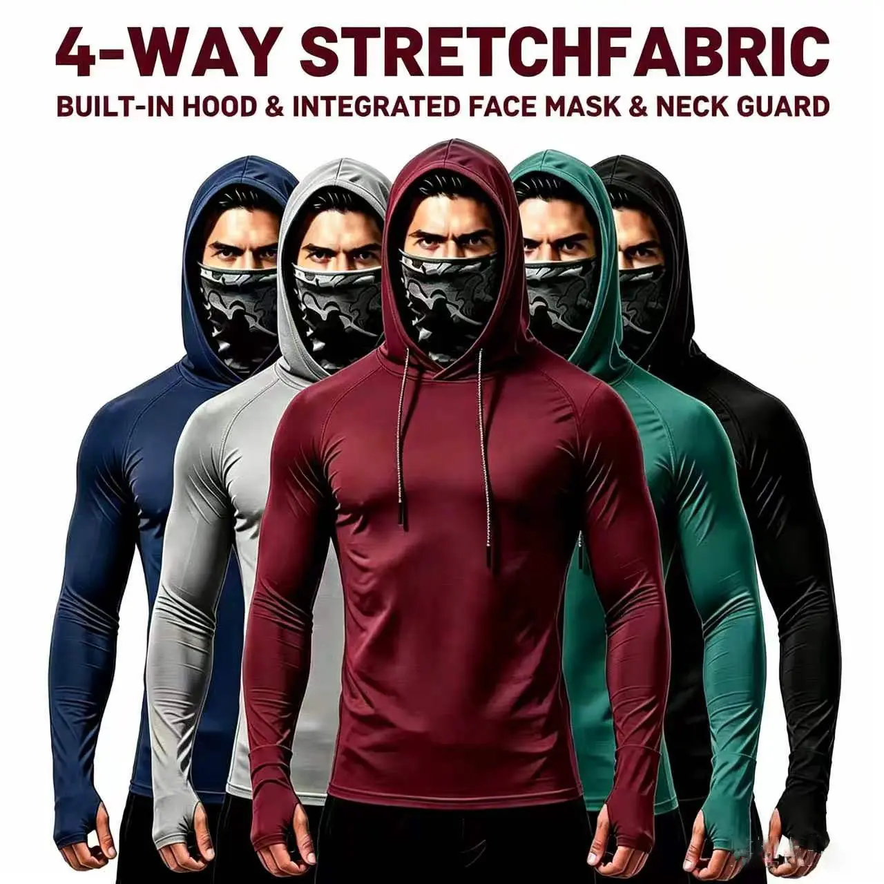 5 Pack Men Soft Comfort UV Sun Protection Compression Hoodie, Polyester Breathable Long Sleeve Tops with Built-in Face Mask & Neck Guard for Fishing Outdoor Work