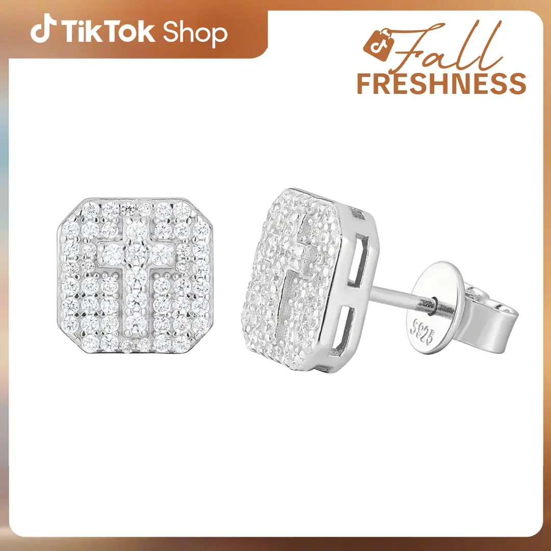 【#E523】UCCIYO Cross Stud Earrings Synthetic Moissanite Earrings For Women 925 Sterling Silver Stud Earring Men Hip Hop Jewelry Couple Gift