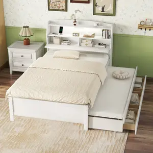 Full Size Bed Frame with Trundle and  LED Storage Headboard, Wooden Full Platform Bed with USB Outlets and 3 Drawers, Full Captain Bed, Full Storage Bed for Bedroom, No Box Spring Needed,White