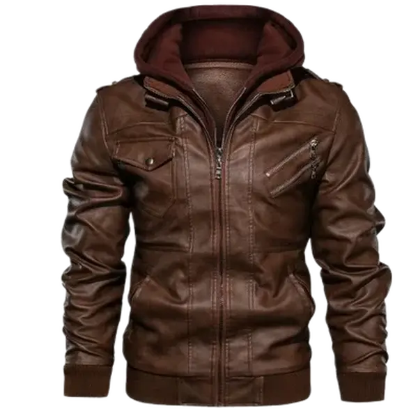 Men’s Winter Detachable Hood Leather Jacket – Vintage Multi-Pocket Outerwear, suitable for autumn/winter commuting, street style looks, everyday outings, and casual gatherings
