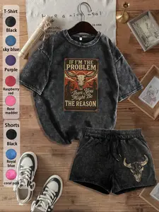 Two-Piece Set Women's Vintage Cow Horn Print Short Sleeve Tee & Skinny Shorts, Casual Round Neck T-shirt & Shorts for Daily Wear, Ladies Summer Clothes, Suits, Casual Loungewear Set, Casual Matching Set