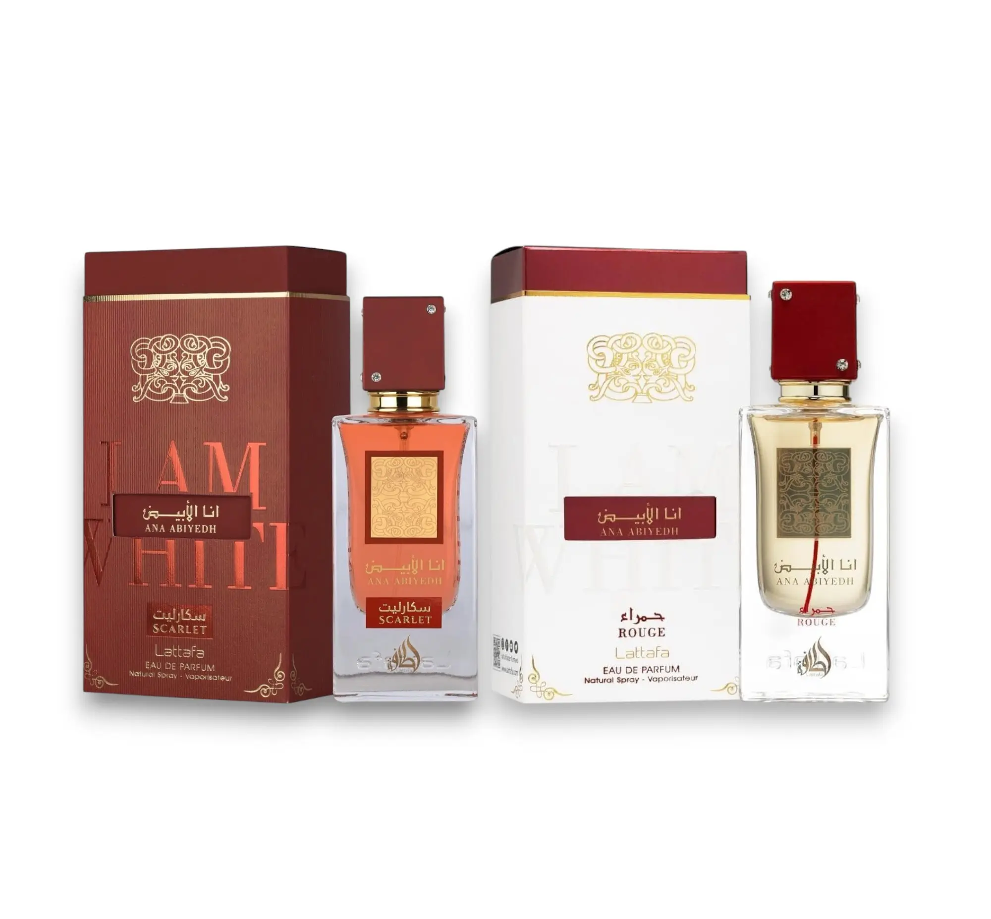 Lattafa Ana Abiyedh Scarlet & Ana Abiyedh Rouge Unisex Eau De Parfum, 60 ML, with Black Cherry, Bergamot, Pink Pepper, Ambergris, Patchouli, Musk, Peony & White Rose Notes