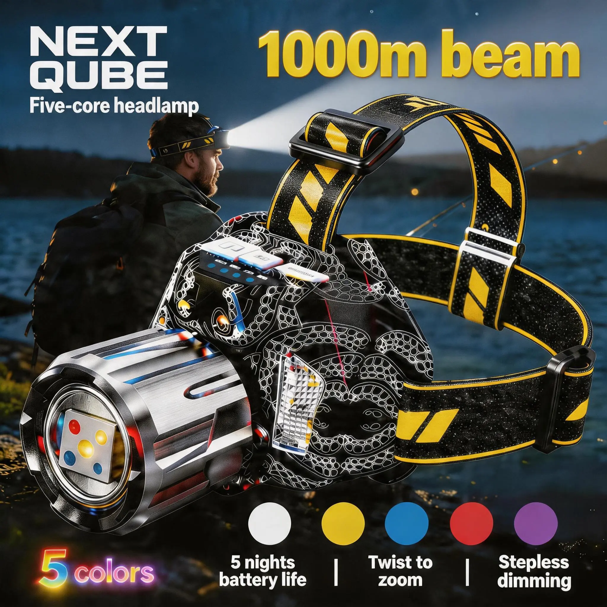 Multifunction Headlamp with long-range brightness, 5 switchable colors (white, yellow, blue, red, UV), and rechargeable battery – perfect for night outdoor activities.