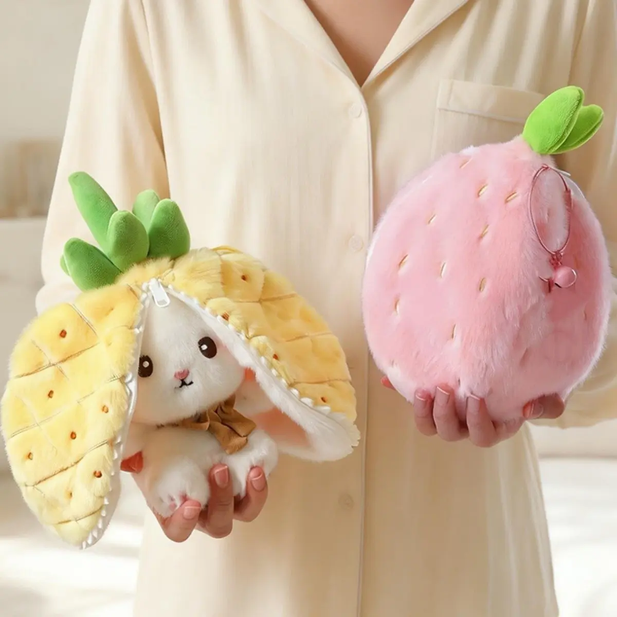 2-in-1 Bunny Plush Toy Cosplay Strawberry Durian Persimmon Pineapple Fruit Bunny Plush Kawaii Transforming Rabbit Stuffed Toy for Kids Huggable Stuffed Animal