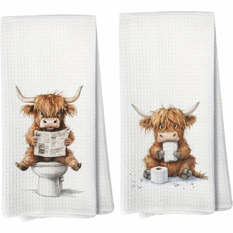 2-Piece Scottish Highland Cow Bath & Hand Towels - Soft Microfiber Modern Farmhouse Decor with Cute Print, Machine Washable, Brown/White/Black, Housewarming Gifts for Bathroom