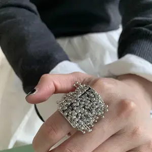 Women's Adjustable 3D Burst-Textured Wide Band Ring - Handmade Wire-Wrapped Tiny Silver Bead Minimalist Dark Cool Costume Jewelry for Daily, Party Wear