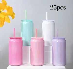 25pcs US warehouse stock 16oz sublimation-printed stainless steel travel coffee mugs with glossy finish, featuring colourful lids and plastic straws 16oz sublimation-printed mugs 16oz double-walled vacuum-insulated mugs, maintaining temperature for