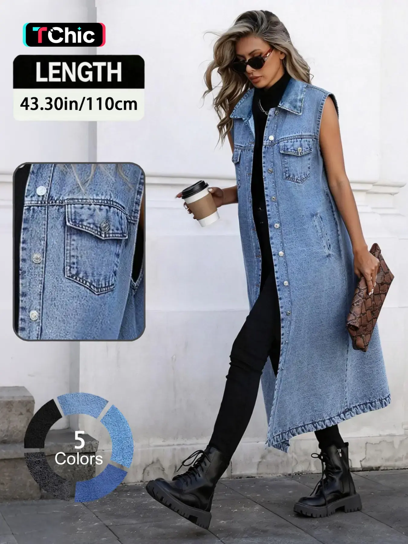 Women's Elegant Versatile Minimalist Sleeveless Long Denim Waistcoat Vests, Stylish and Comfortable Outerwear
