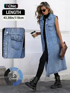 Elegant Casual Women's Fashion Summer Versatile College Style Minimalist Sleeveless Long Windbreaker Denim Jacket, Stylish and Comfortable Outerwear Denim Waistcoat, Fashion Vest