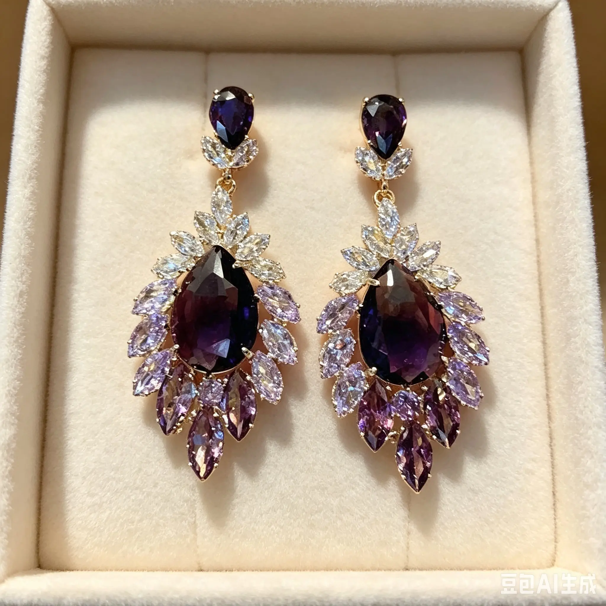 Elegant Purple Teardrop Crystal Earrings with Gold Tone Settings and Sparkling Accents for Special Occasions