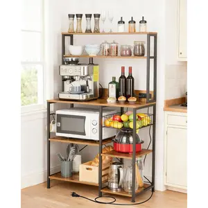 Kitchen Bakers Rack with Power Outlet – 4-Tier Microwave Oven Stand & Storage Shelf – Coffee Bar Table with 5 S Hooks, Hutch Cabinet Organizer for Spices & Pots