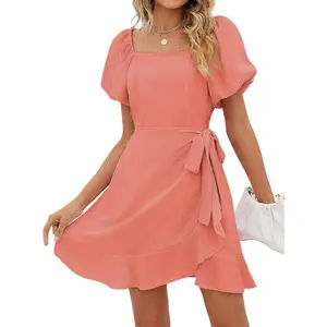 Womens Summer Dresses Square Neck Puff Sleeve Tie Waist Short Dress Casual Fabric