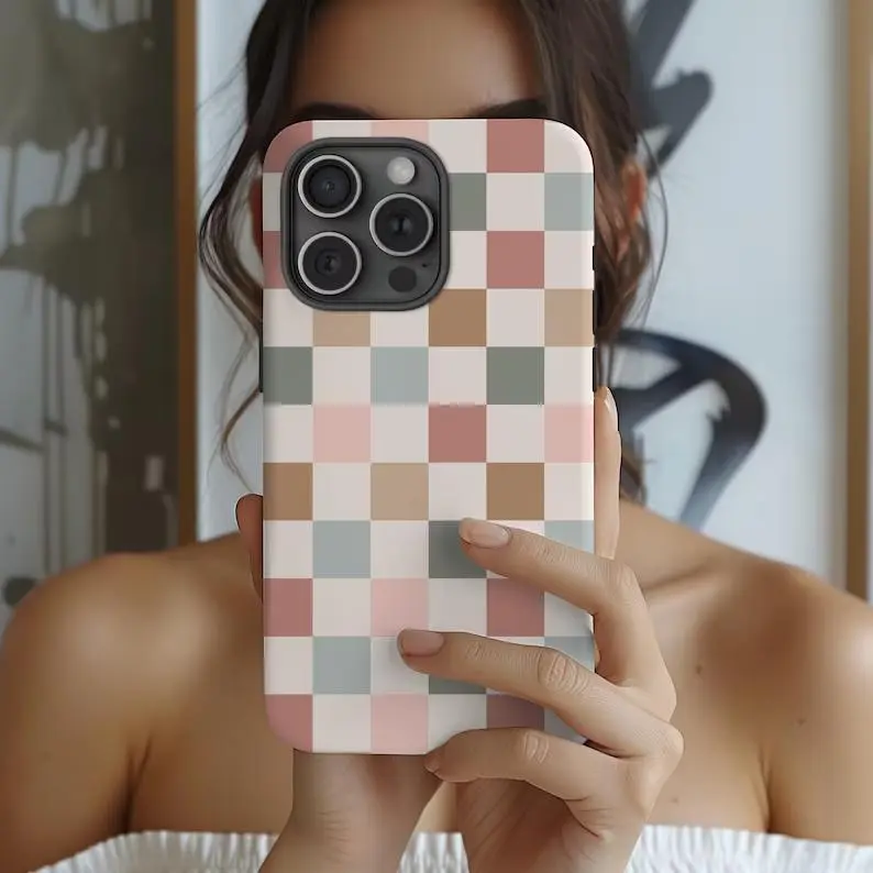 Boho Checkered Patterned Phone Case - Preppy, Glam, Street Style, Neutral, Unisex Users, Sweet Protection - Compatible with iPhone 16/15/14/13/12 Pro Max/Plus/Mini & Samsung Galaxy S25 - Trendy Accessory Gift, Tpu Hybrid
