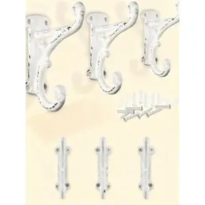 Farmhouse Wall Hooks 3-Pack Heavy Duty Coat Hangers Rustic Home Decor Antique White Finish Mounting Hardware Included Reusable Organizer for Entryway Bathroom