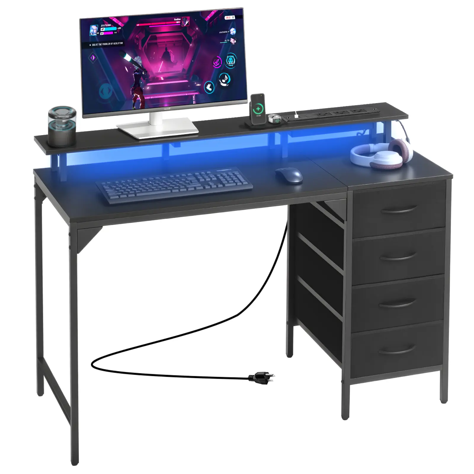 【SummerFinds】VEVOR 47" Ergonomic Home Office Furniture Computer Desk with LED Lights, Power Outlets, 4 Large Drawers, Monitor Stand for Gaming, Study, Small Spaces, Black, Ergonomic Desk, Gaming Desk