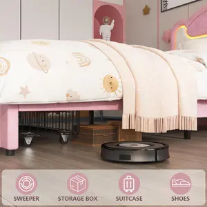 Garvee Toddler Bed, Twin 39 inch Upholstered Bed with LED Light and Storage Drawer, Wood Frame Soft Bed in Pink and White, for Toddler Bedroom and Space Saving Use