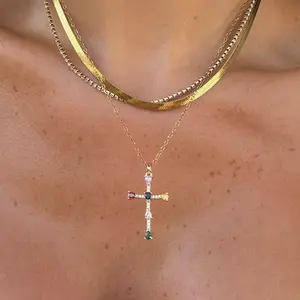 EVRY JEWELS Gold or Silver Plated Women's Rainbow Blessings Cross Necklace