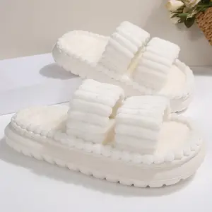 Women's Fluffy Slides Ruffled Double Strap Thick Platform Sole Warm Sandals Indoor Outdoor Shoes
